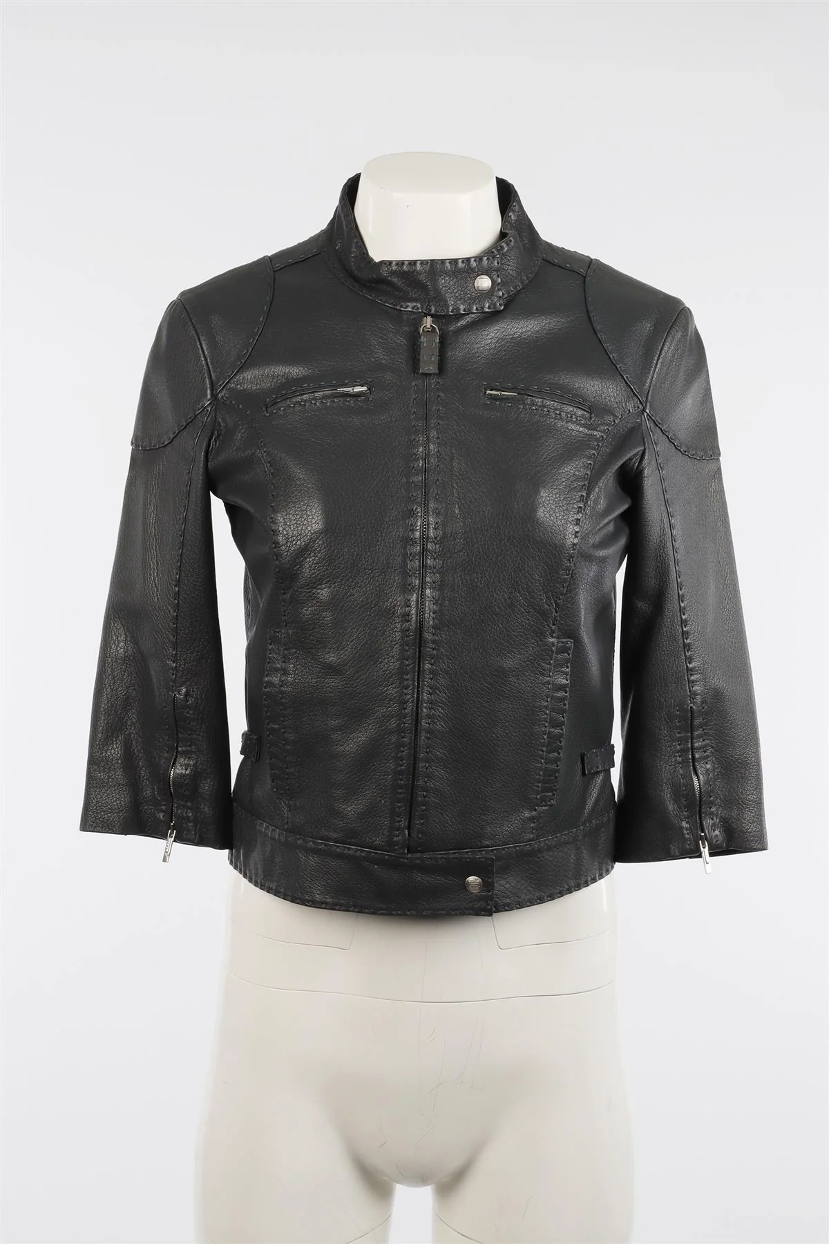 FENDI GREY VINTAGE LEATHER JACKET IT 40 UK 8 - Image 2