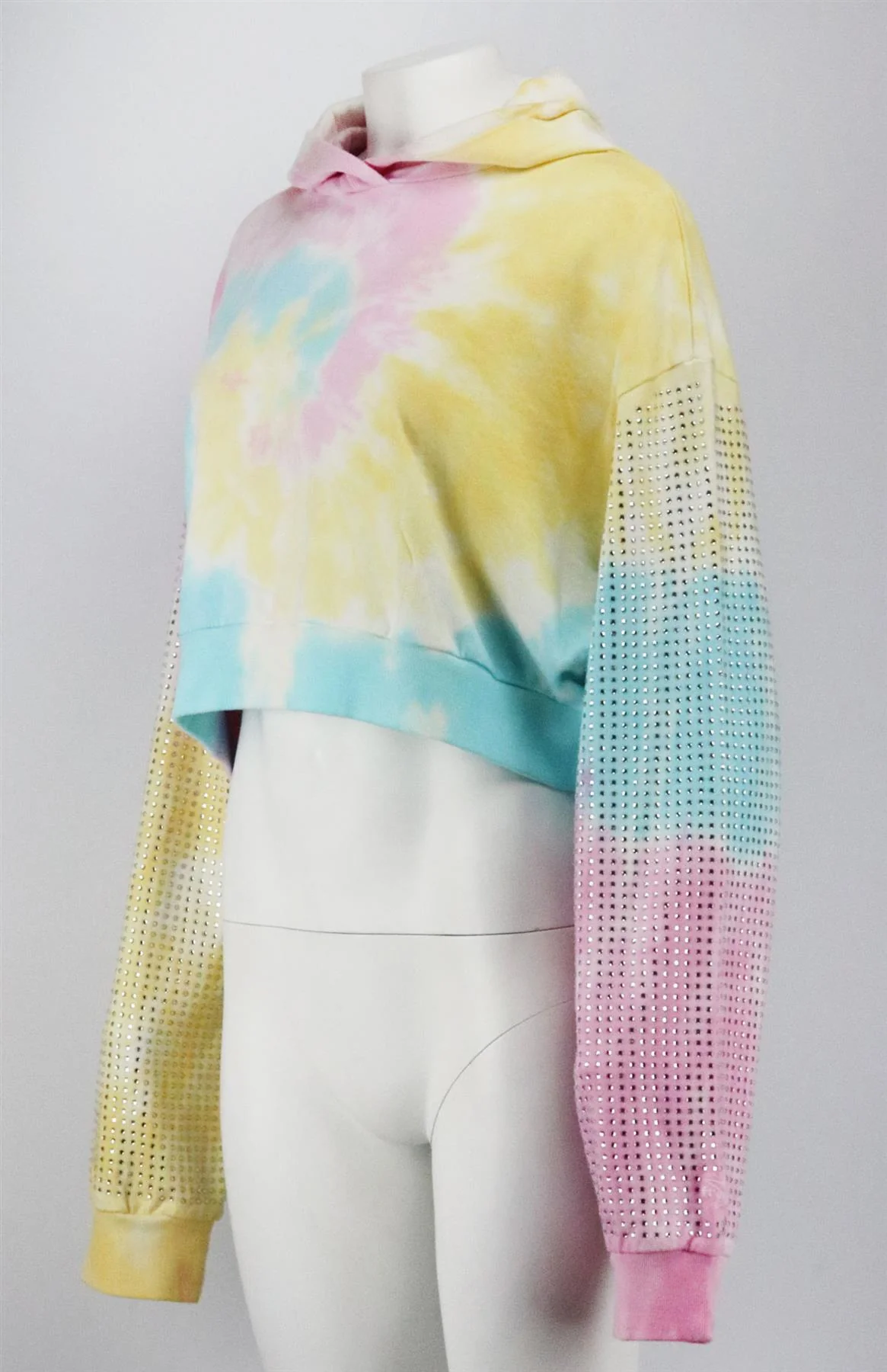 FRANKIE B CROPPED EMBELLISHED TIE DYED COTTON JERSEY HOODIE SMALL - Image 3