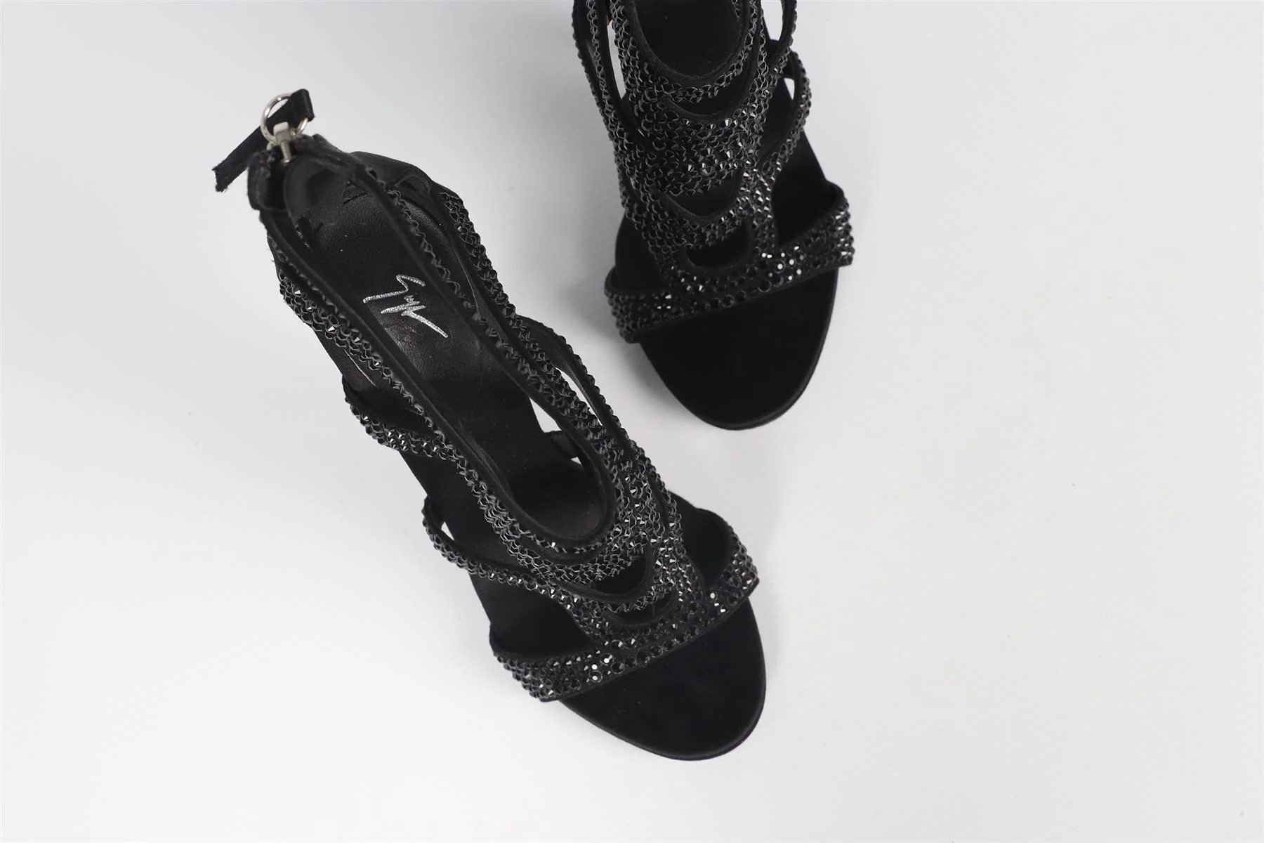 GIUSEPPE ZANOTTI BLACK CRYSTAL AND SATIN SANDALS EU 37.5 UK 4.5 US 7.5 - Image 4