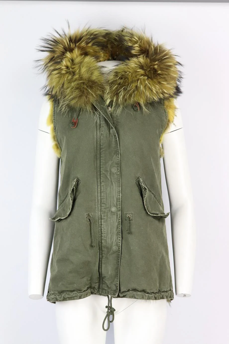GOLD RUSH HOODED FOX FUR LINED COTTON CANVAS GILET IT 42 UK 10 - Image 2
