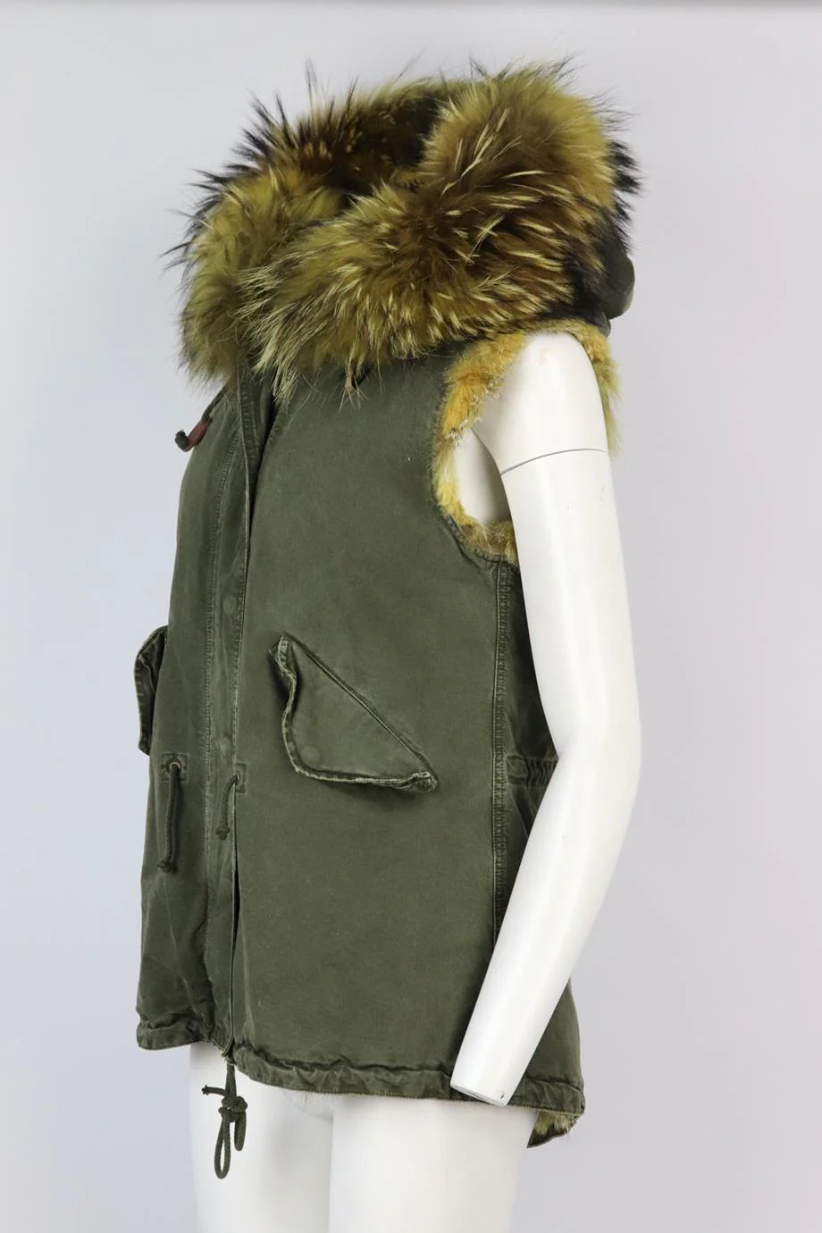 GOLD RUSH HOODED FOX FUR LINED COTTON CANVAS GILET IT 42 UK 10 - Image 3