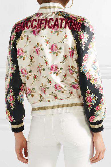 GUCCI APPLIQUÉD FLORAL PRINT DUCHESSE SILK SATIN BOMBER JACKET IT 38 UK 6 - Image 2