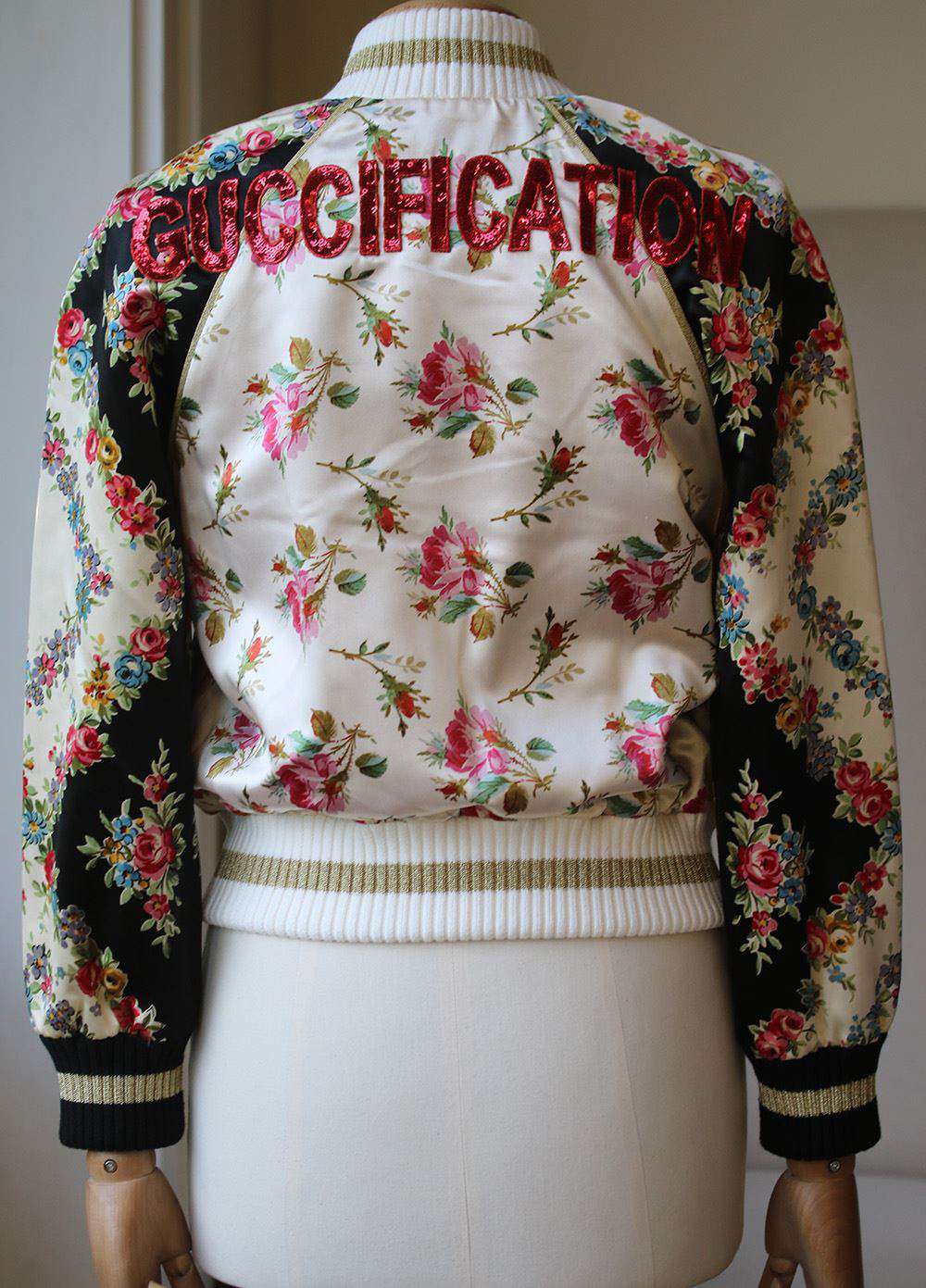 GUCCI APPLIQUÉD FLORAL PRINT DUCHESSE SILK SATIN BOMBER JACKET IT 38 UK 6 - Image 5