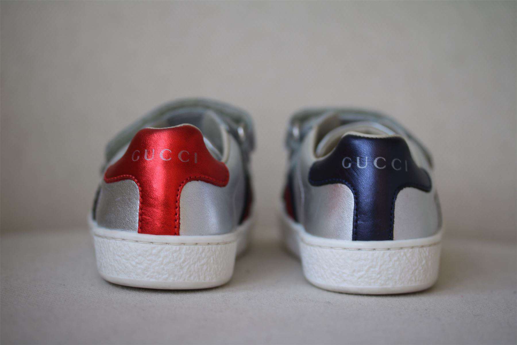 GUCCI BABY SILVER WEB LEATHER TRAINERS EU 22 UK 5 - Image 3