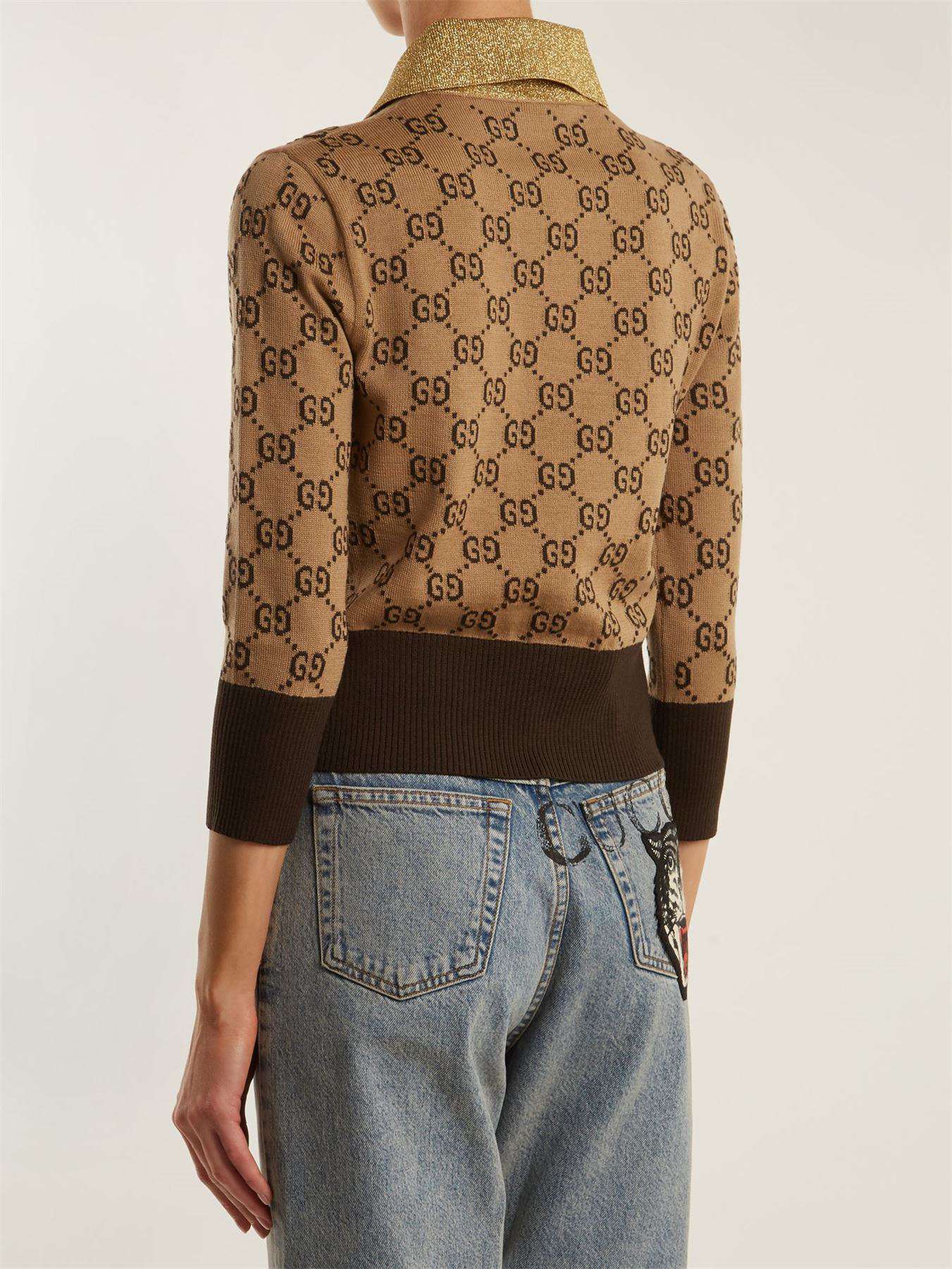 GUCCI CONTRAST-COLLAR GG-JACQUARD WOOL SWEATER SMALL - Image 3