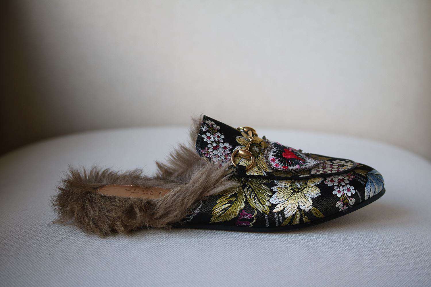 GUCCI PRINCETOWN BROCADE EMBROIDERED FUR LINED SLIPPERS EU 38 UK 5 US 8 - Image 4