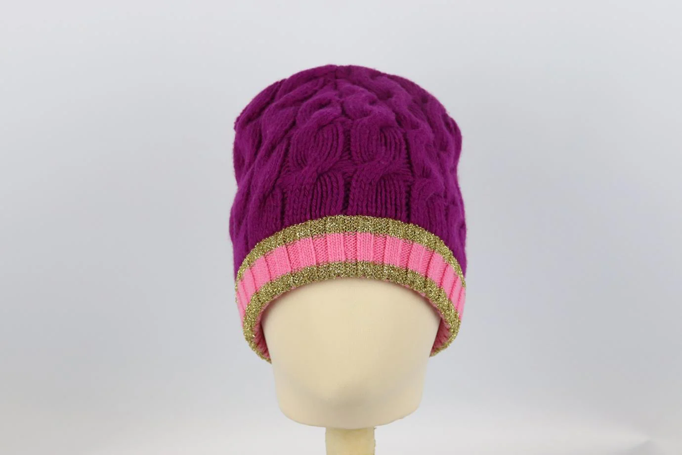 GUCCI STRIPED CABLE KNIT WOOL BLEND BEANIE SMALL - Image 3