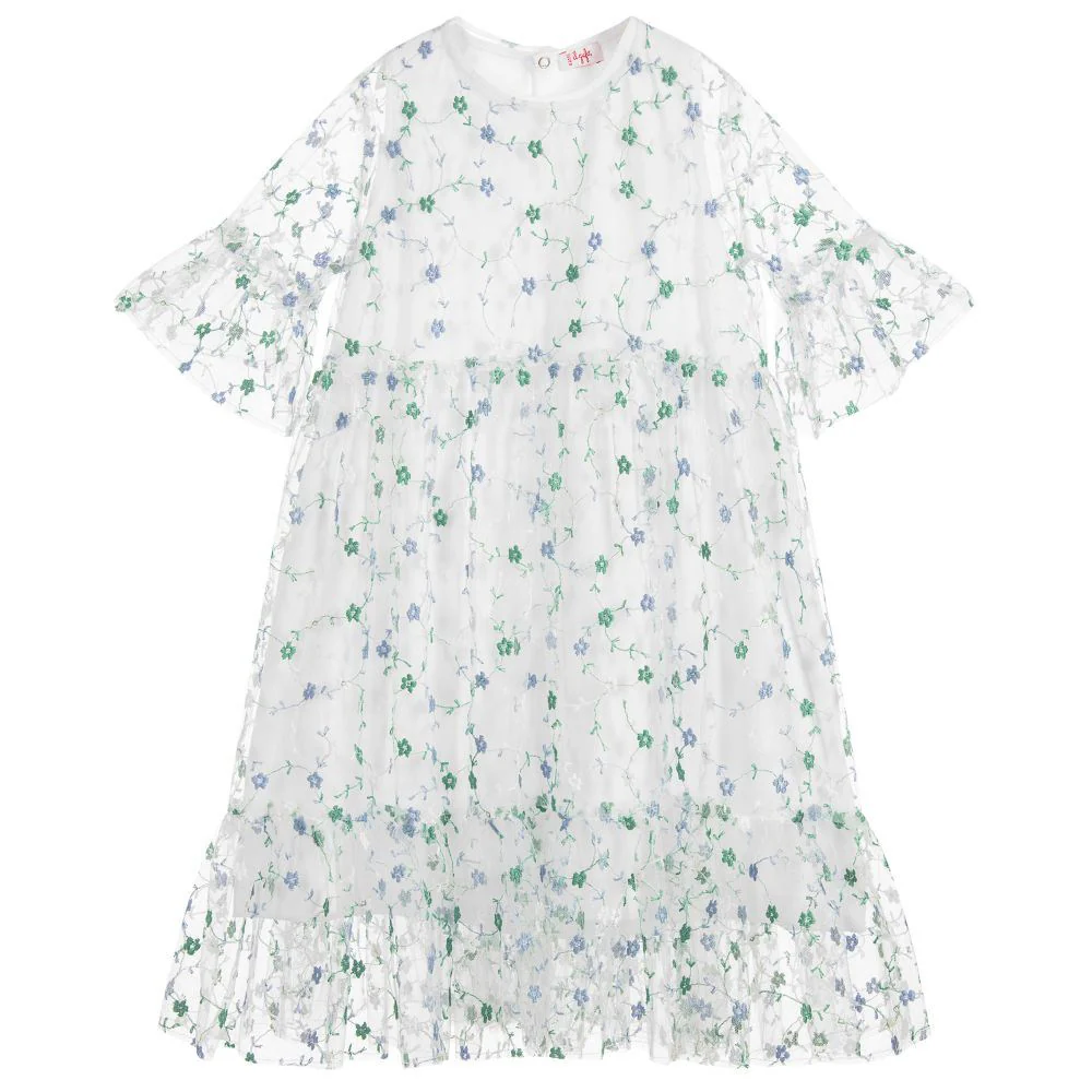 IL GUFO GIRLS WHITE EMBROIDERED TULLE DRESS 5 YEARS - Image 5