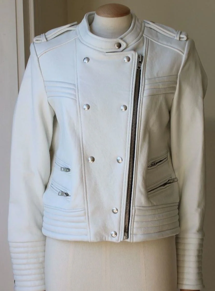 IRO ROJAN LEATHER BIKER JACKET IN WHITE FR 40 UK 12 - Image 3