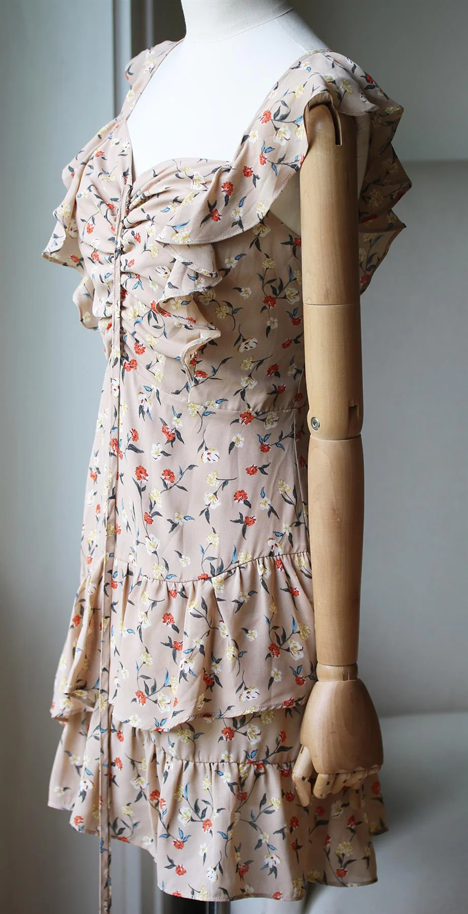 J.O.A. FLORAL PRINT RUCHED RUFFLED MINI DRESS LARGE - Image 3