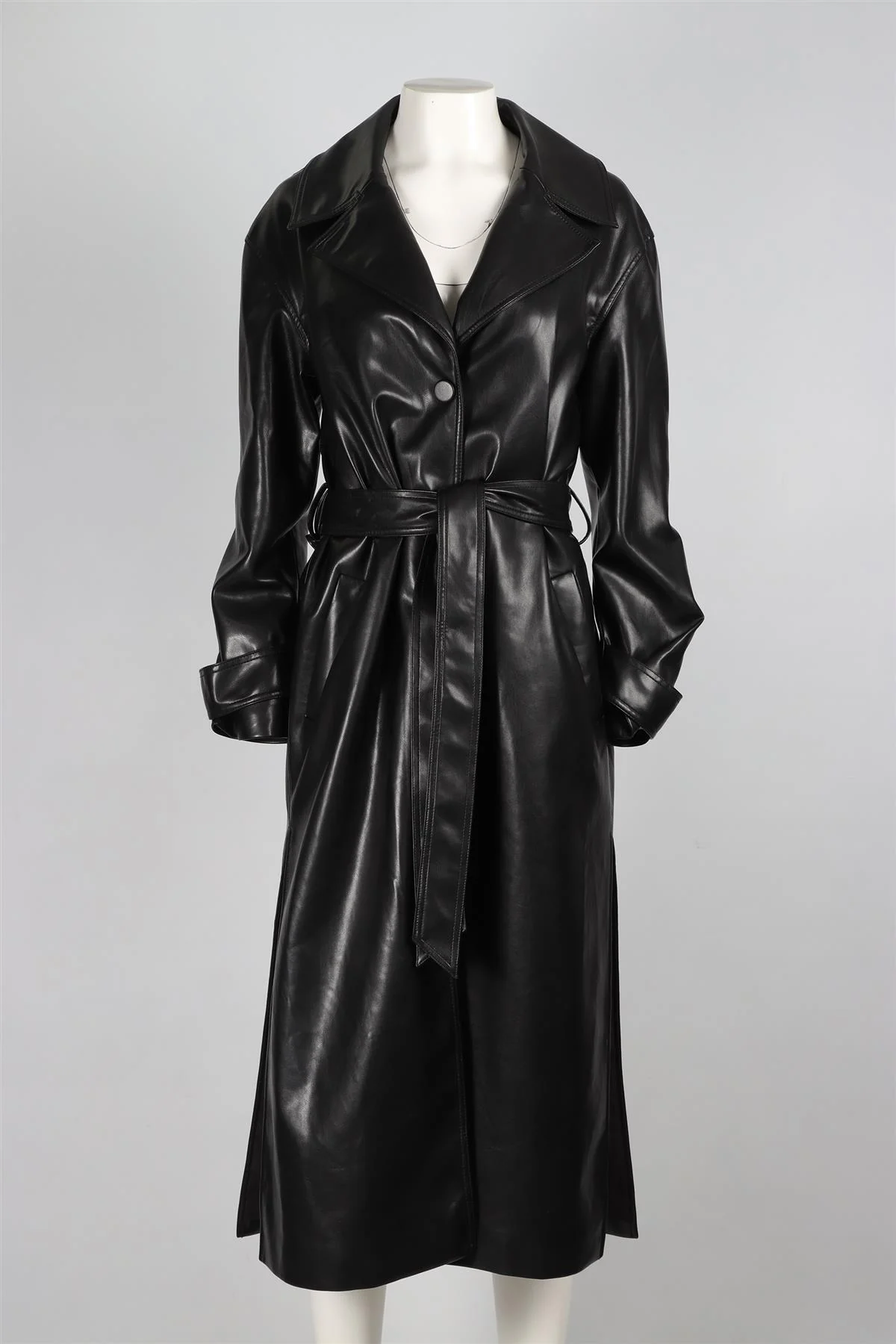 JONATHAN SIMKHAI BLACK FAUX LEATHER TRENCH COAT SMALL - Image 2