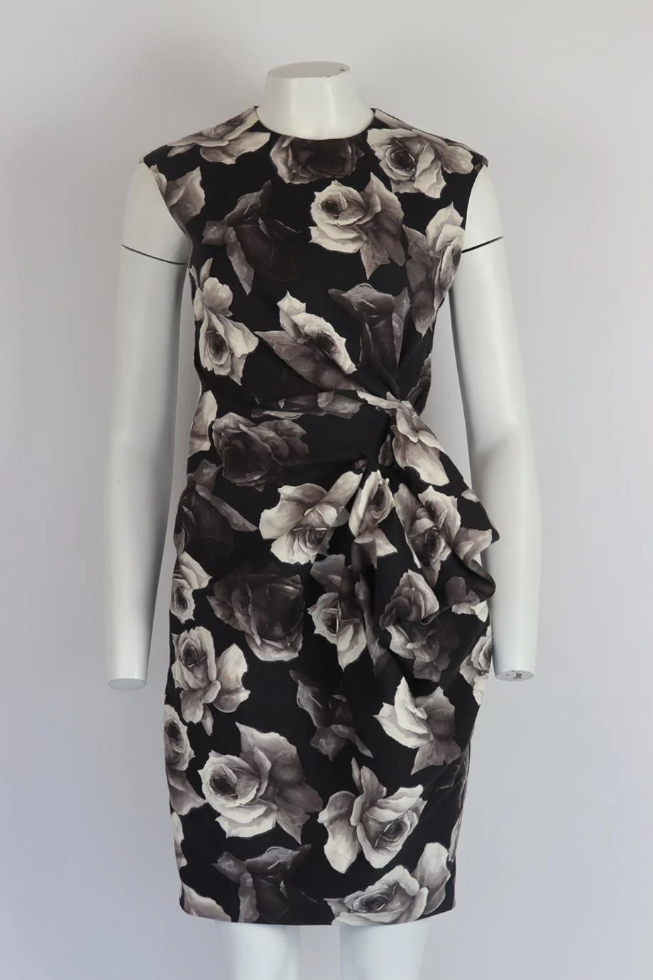 LANVIN RUCHED FLORAL PRINT STRETCH WOOL BLEND DRESS FR 38 UK 10 - Image 2