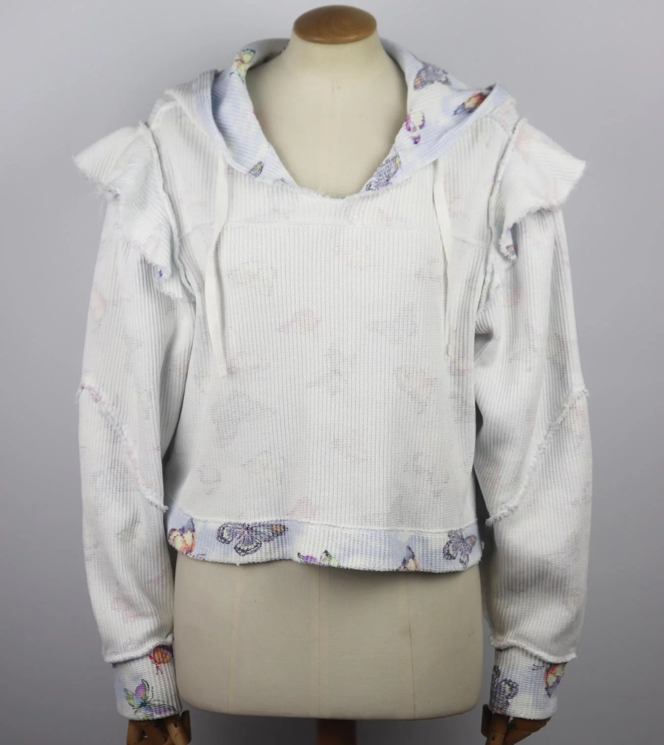 LOVESHACKFANCY CIEL RUFFLE WAFFLE KNIT COTTON HOODIE SMALL - Image 2