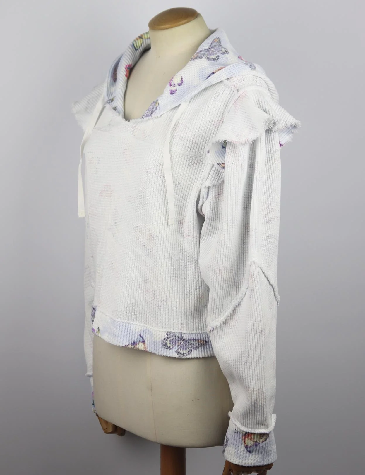 LOVESHACKFANCY CIEL RUFFLE WAFFLE KNIT COTTON HOODIE SMALL - Image 3