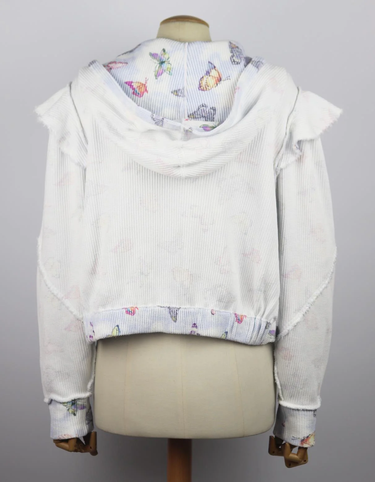 LOVESHACKFANCY CIEL RUFFLE WAFFLE KNIT COTTON HOODIE SMALL - Image 4