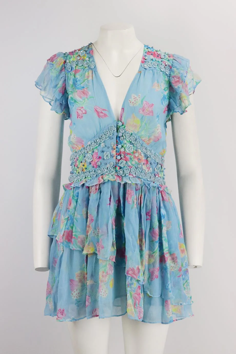 LOVESHACKFANCY EMBELLISHED FLORAL PRINT CREPON MINI DRESS US 6 UK 10 - Image 2