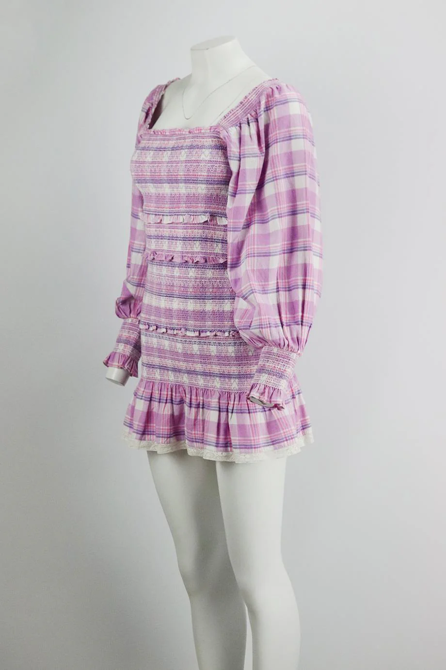 LOVESHACKFANCY SMOCKED CHECKED COTTON MINI DRESS SMALL - Image 3