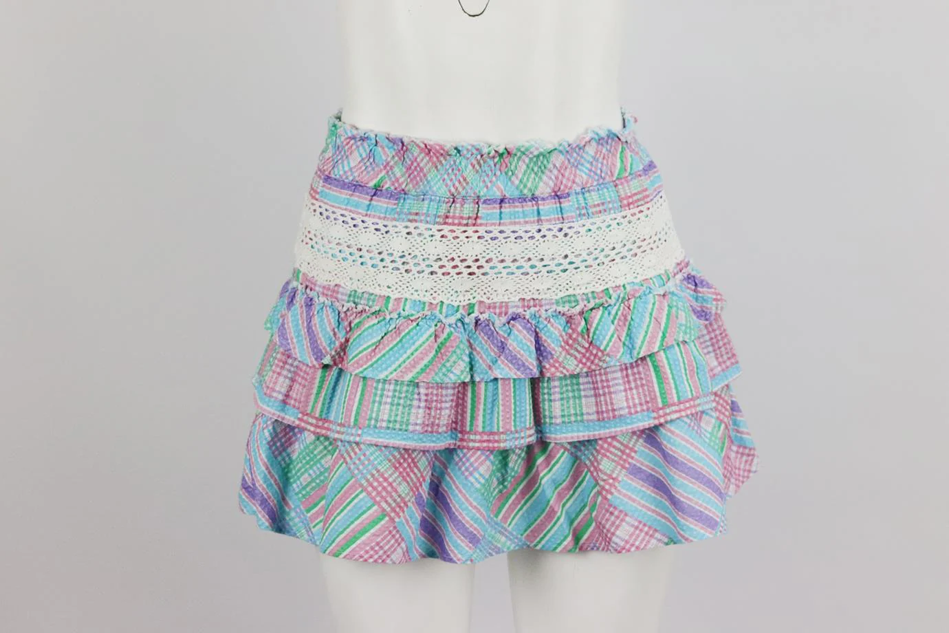 LOVESHACKFANCY TIERED CHECKED COTTON MINI SKIRT SMALL - Image 2