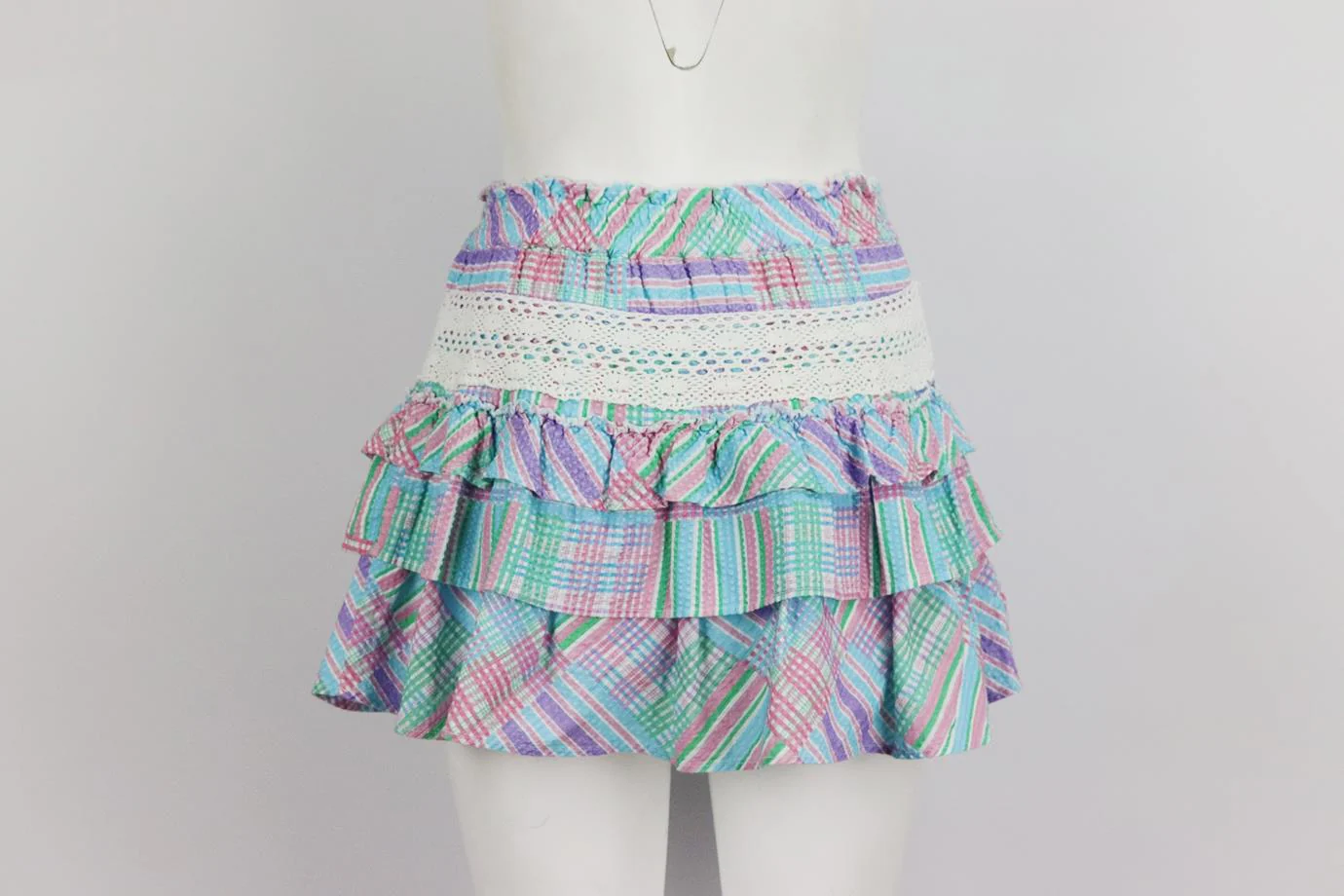 LOVESHACKFANCY TIERED CHECKED COTTON MINI SKIRT SMALL - Image 4