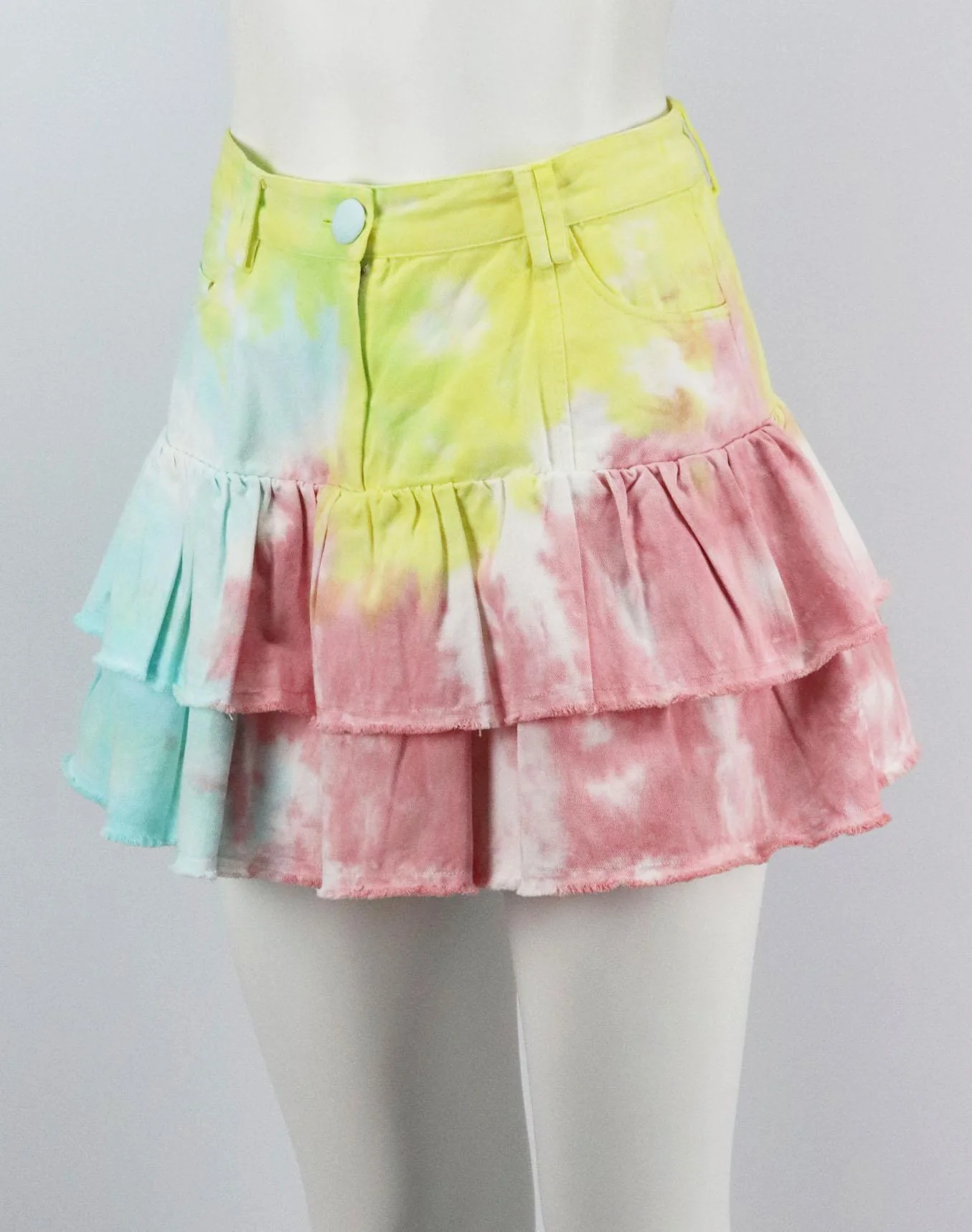 LOVESHACKFANCY TIERED TIE DYED DENIM MINI SKIRT US 4 UK 8 - Image 3