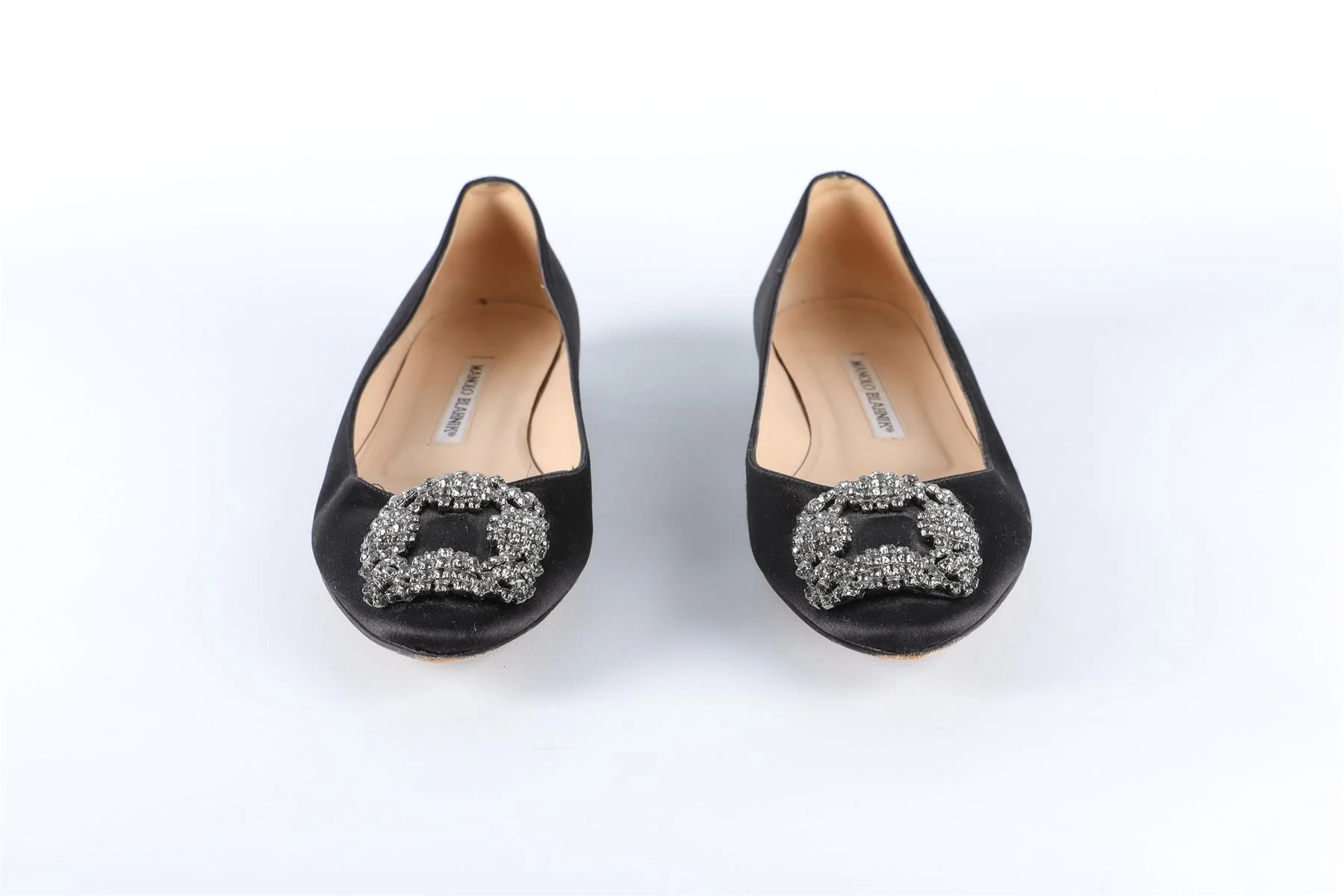MANOLO BLAHNIK BLACK HANGISI CRYSTAL AND SATIN BALLET FLATS - Image 3