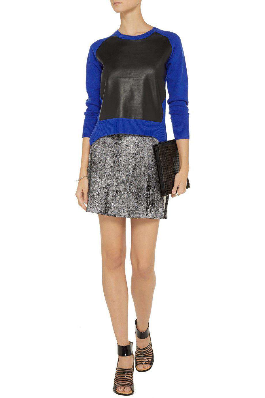 MASON BY MICHELLE MASON BLUE LEATHER PANEL SWEATER SMALL - Image 4
