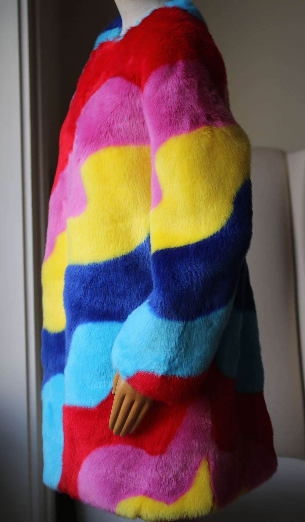 MIRA MIKATI RAINBOW WAVE STRIPED FAUX FUR COAT US 6 UK 10 - Image 5