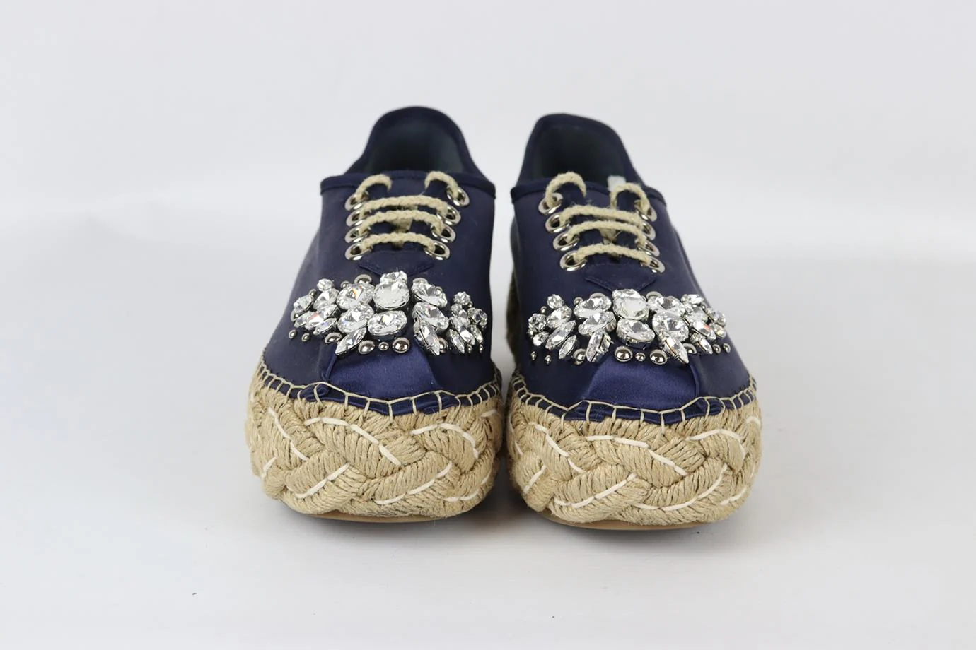 MIU MIU CRYSTAL EMBELLISHED SATIN PLATFORM ESPADRILLES EU 38.5 UK 5.5 US 8.5 - Image 3