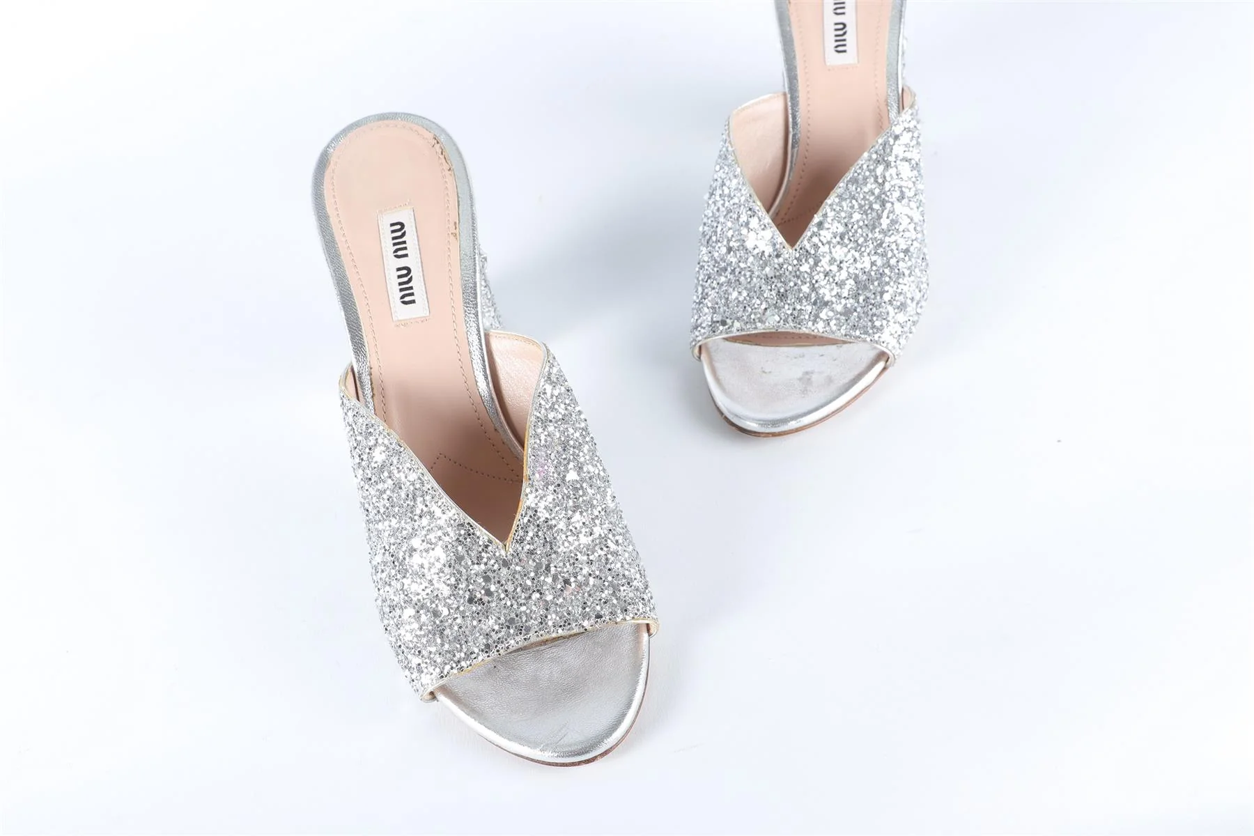 MIU MIU SILVER GLITTER MULES - Image 4