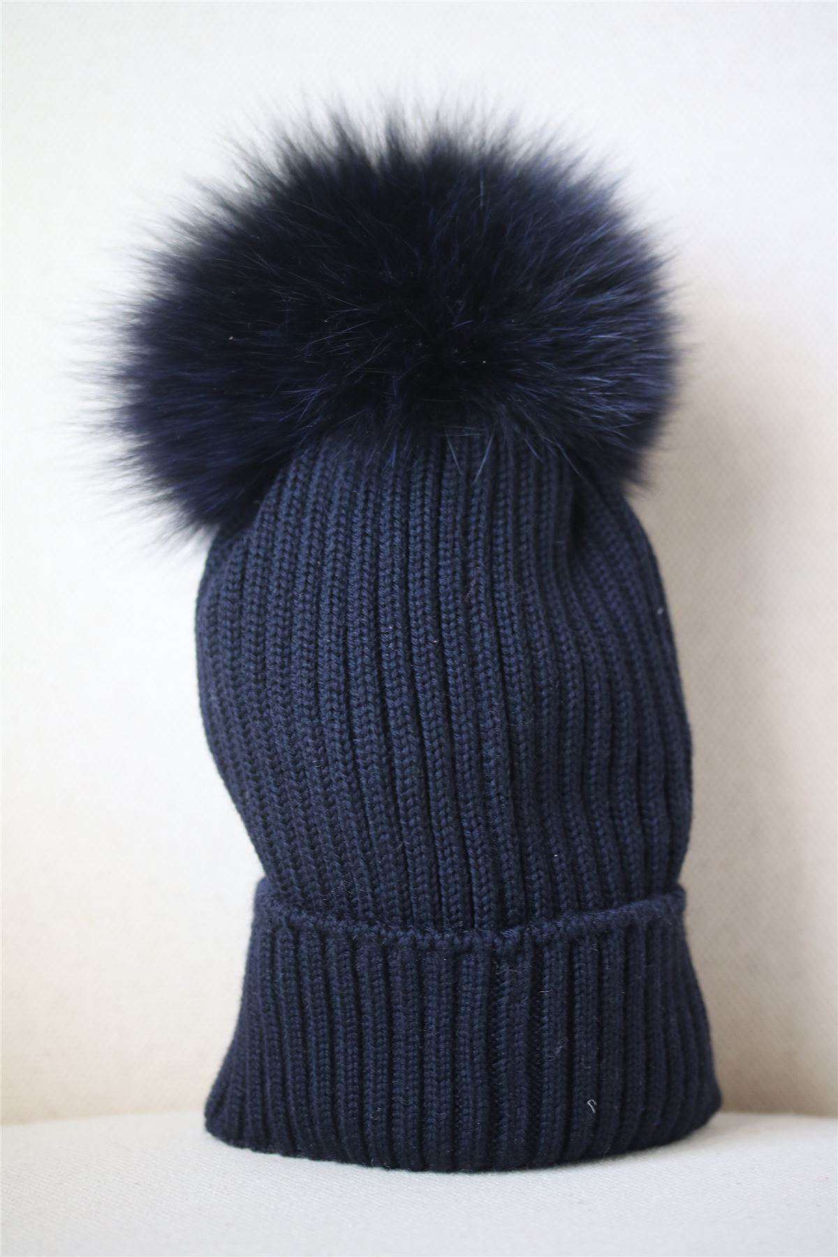 MONCLER KIDS NAVY BLUE WOOL HAT WITH FUR POM POM M 6-8 YEARS - Image 2