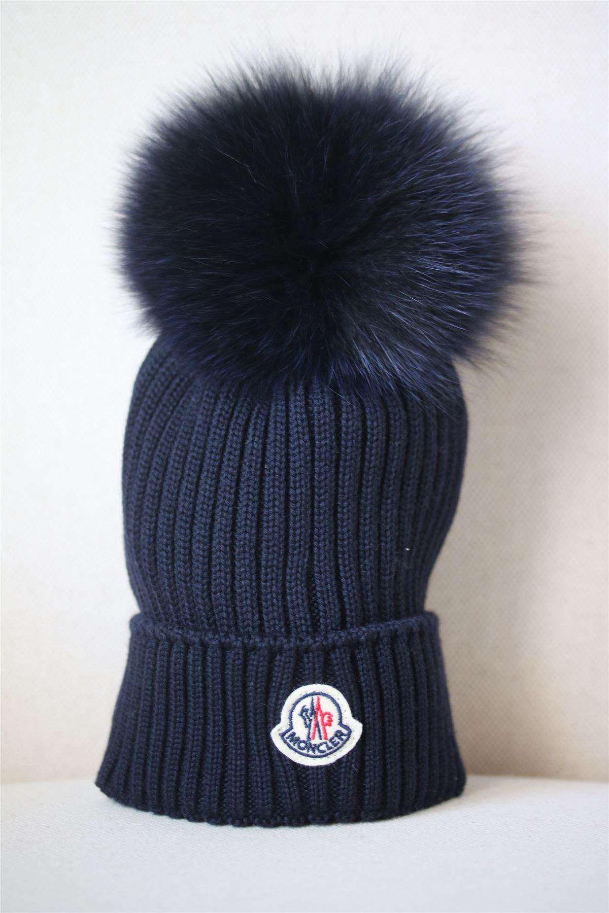 MONCLER KIDS NAVY BLUE WOOL HAT WITH FUR POM POM S 4-6 YEARS - Image 2