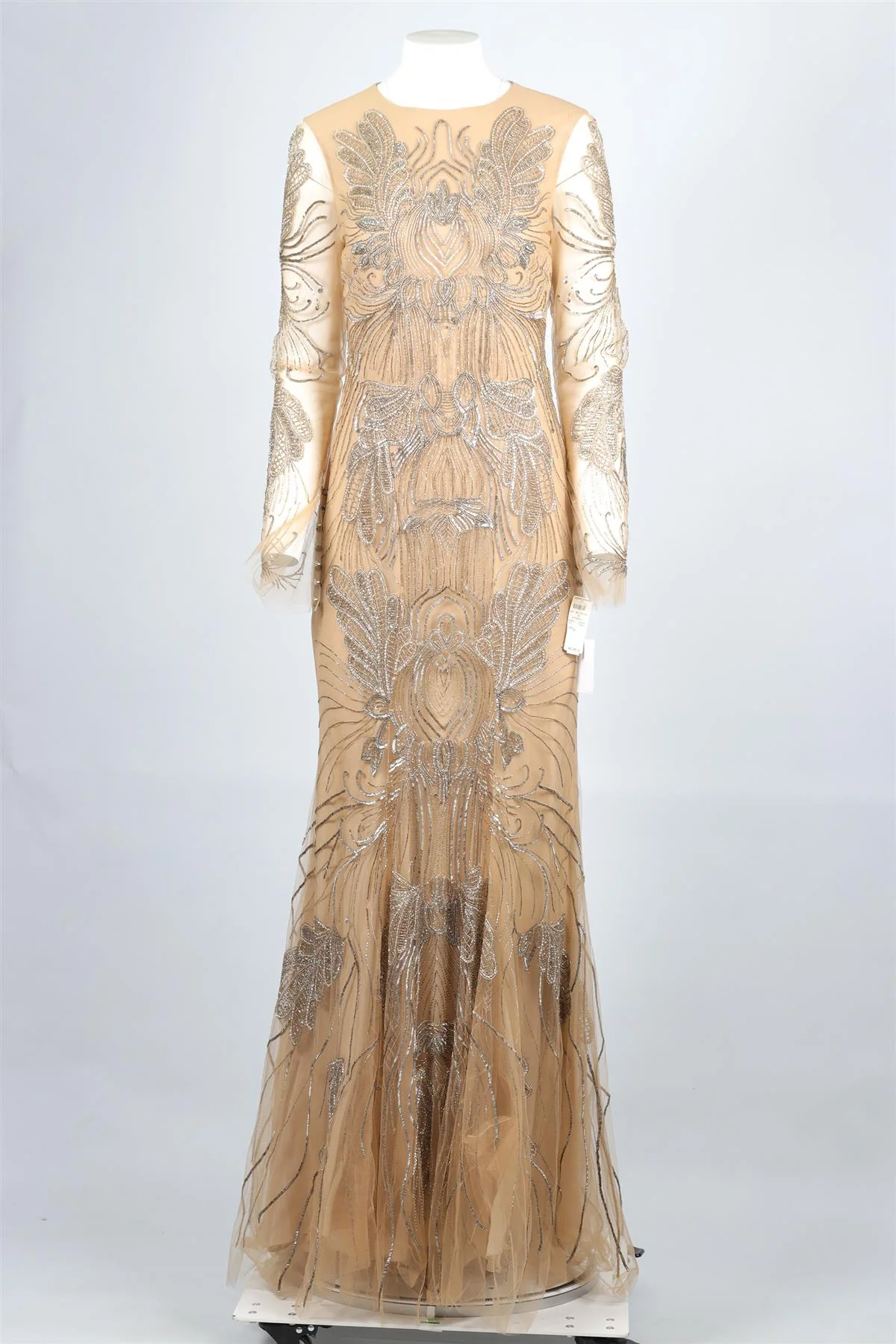 MONIQUE LHUILLIER TAN BEAD AND TULLE MAXI DRESS US 8 UK 12 - Image 2
