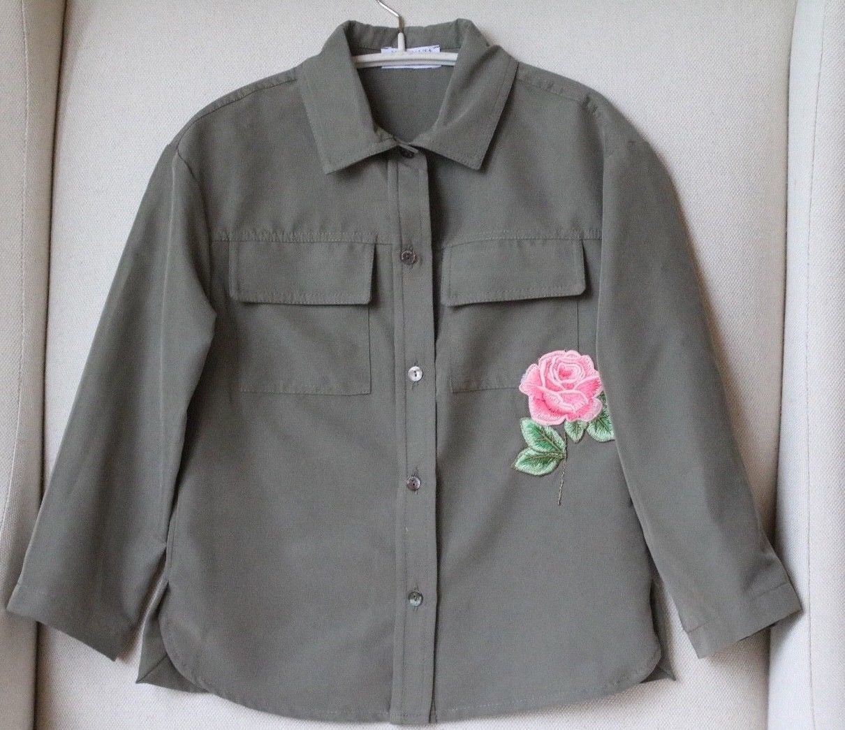 MONNALISA GIRLS KHAKI GREEN VISCOSE BLOUSE SHIRT WITH EMBROIDERED ROSE 4 YEARS - Image 2