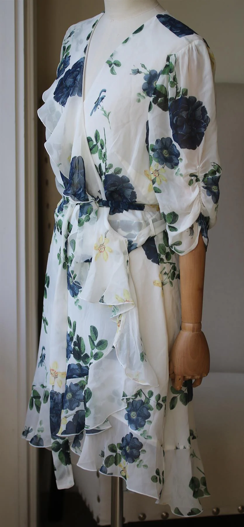 NICHOLAS RUFFLED FLORAL PRINT SILK GEORGETTE MINI WRAP DRESS UK 14 - Image 3