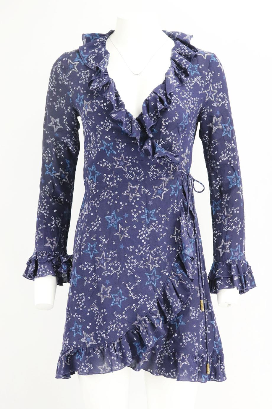 PALMOMA BLUE RUFFLED PRINTED SILK WRAP DRESS MEDIUM - Image 3