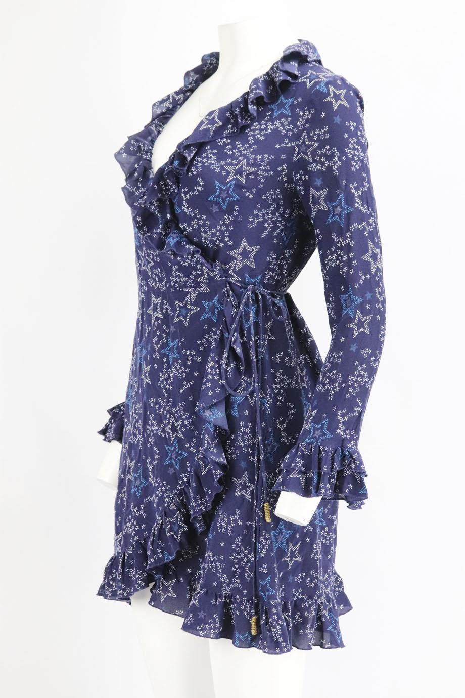 PALMOMA BLUE RUFFLED PRINTED SILK WRAP DRESS MEDIUM - Image 4