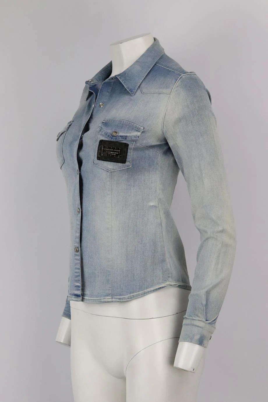 PHILIPP PLEIN EMBELLISHED STRETCH DENIM SHIRT SMALL - Image 3