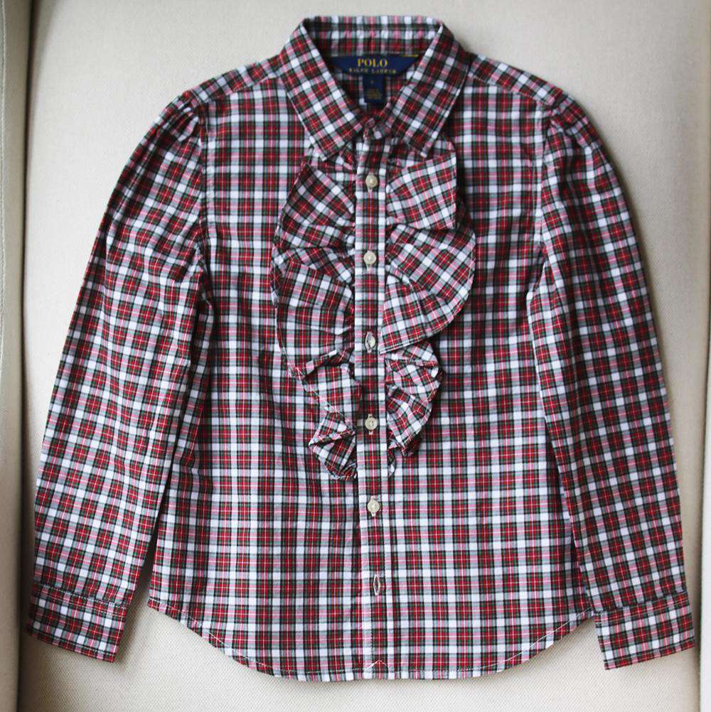 POLO RALPH LAUREN KIDS GIRLS RUFFLE FRONT PLAID SHIRT 6 YEARS - Image 2