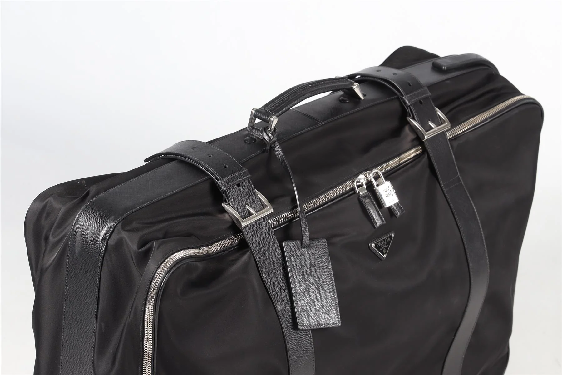 PRADA BLACK 70CM RE-NYLON AND SAFFIANO LEATHER SUITCASE - Image 8