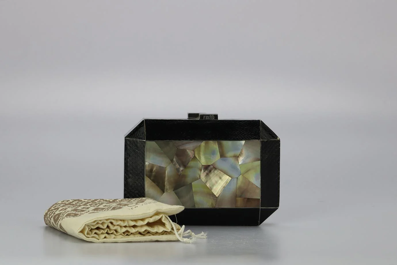 RAFÉ MOTHER OF PEARL AND SNAKE EFFECT LEATHER SILVER TONE CLUTCH - Image 10