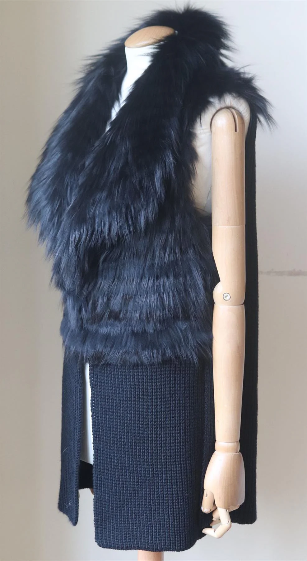 RAMY BROOK FOX FUR TRIMMED RIBBED WOOL BLEND GILET MEDIUM - Image 3
