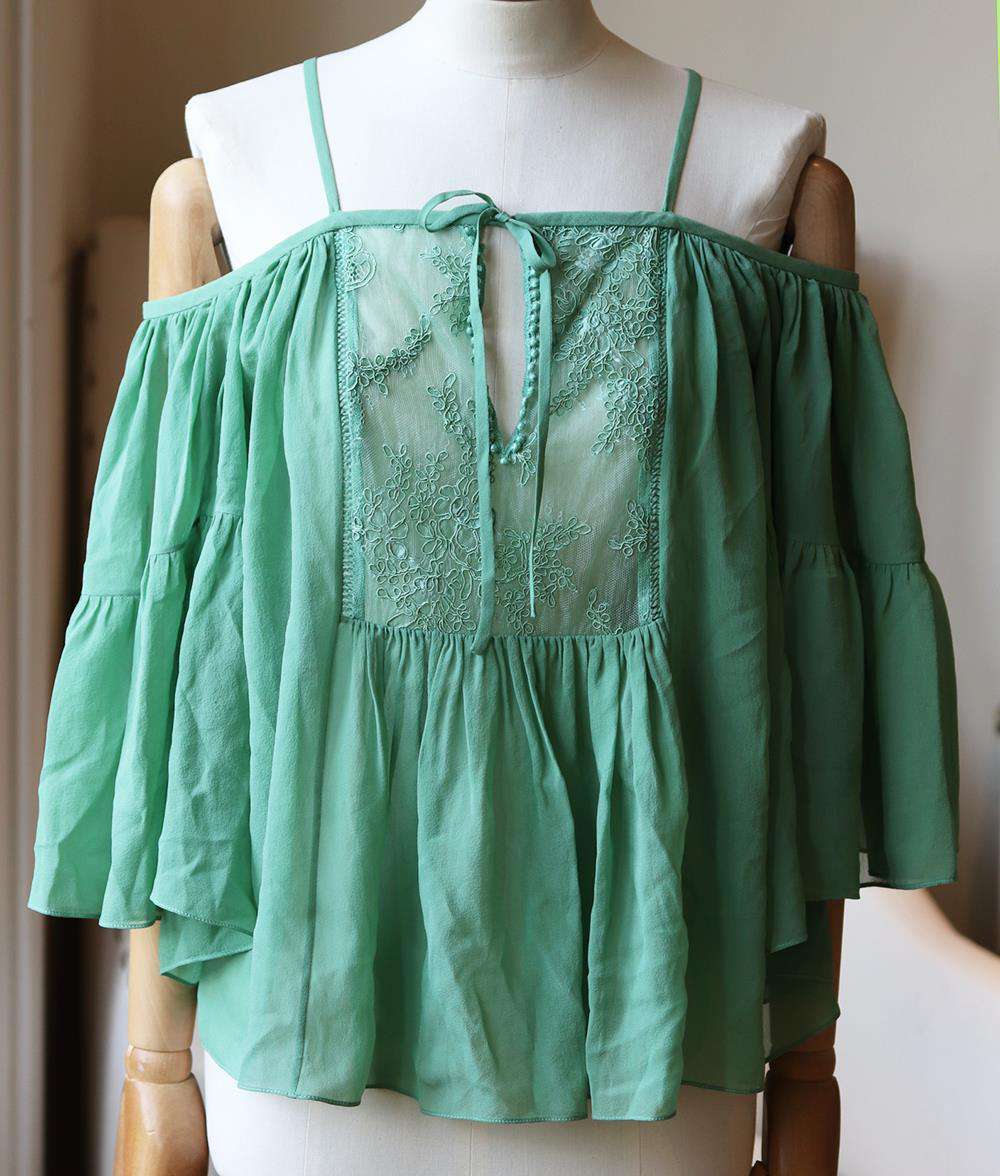 ROBERTO CAVALLI LACE TRIMMED COLD SHOULDER SILK TOP IT 42 UK 10 - Image 3