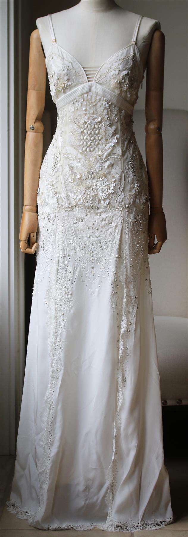 ROBERTO CAVALLI LACE TRIMMED EMBELLISHED WASHED SILK GOWN IT 42 UK 10 - Image 2