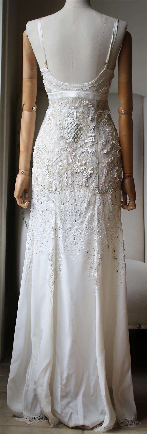 ROBERTO CAVALLI LACE TRIMMED EMBELLISHED WASHED SILK GOWN IT 42 UK 10 - Image 4