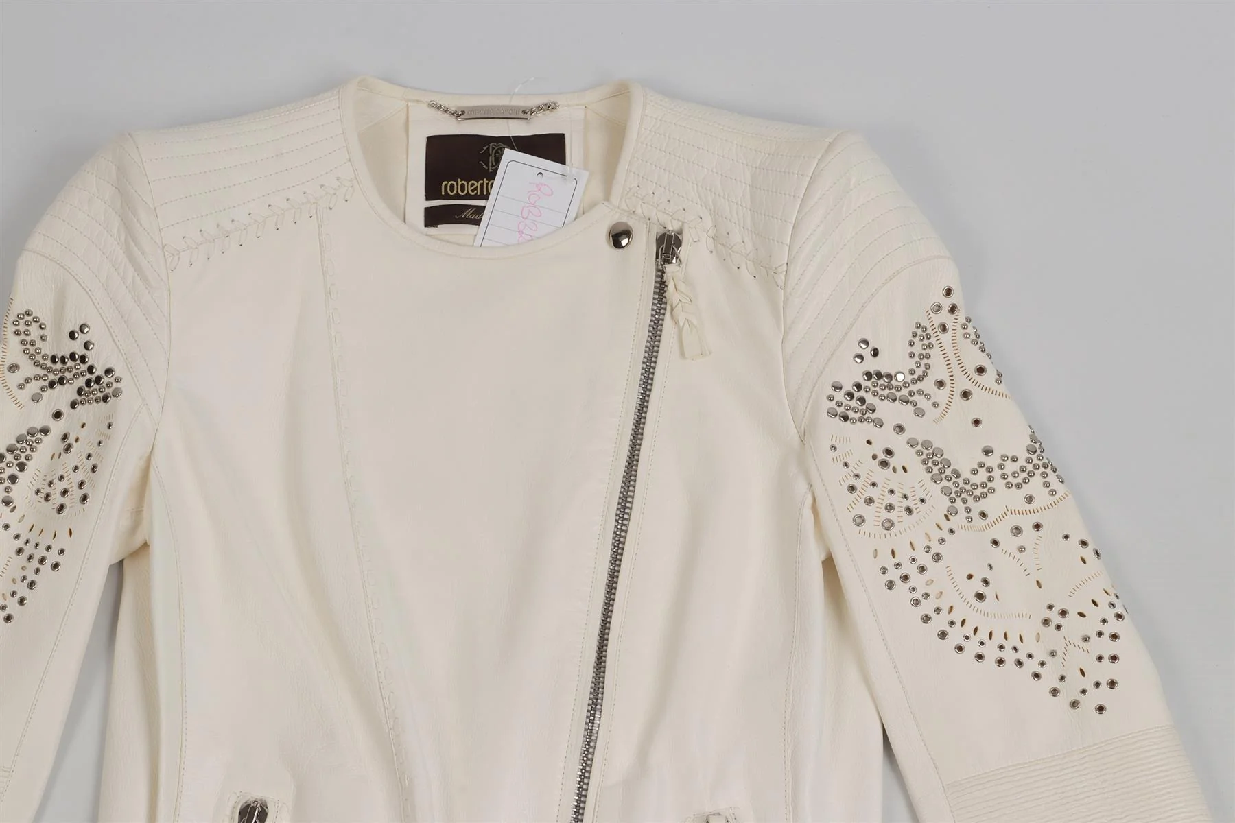 ROBERTO CAVALLI WHITE LEATHER JACKET IT 38 UK 6 - Image 3