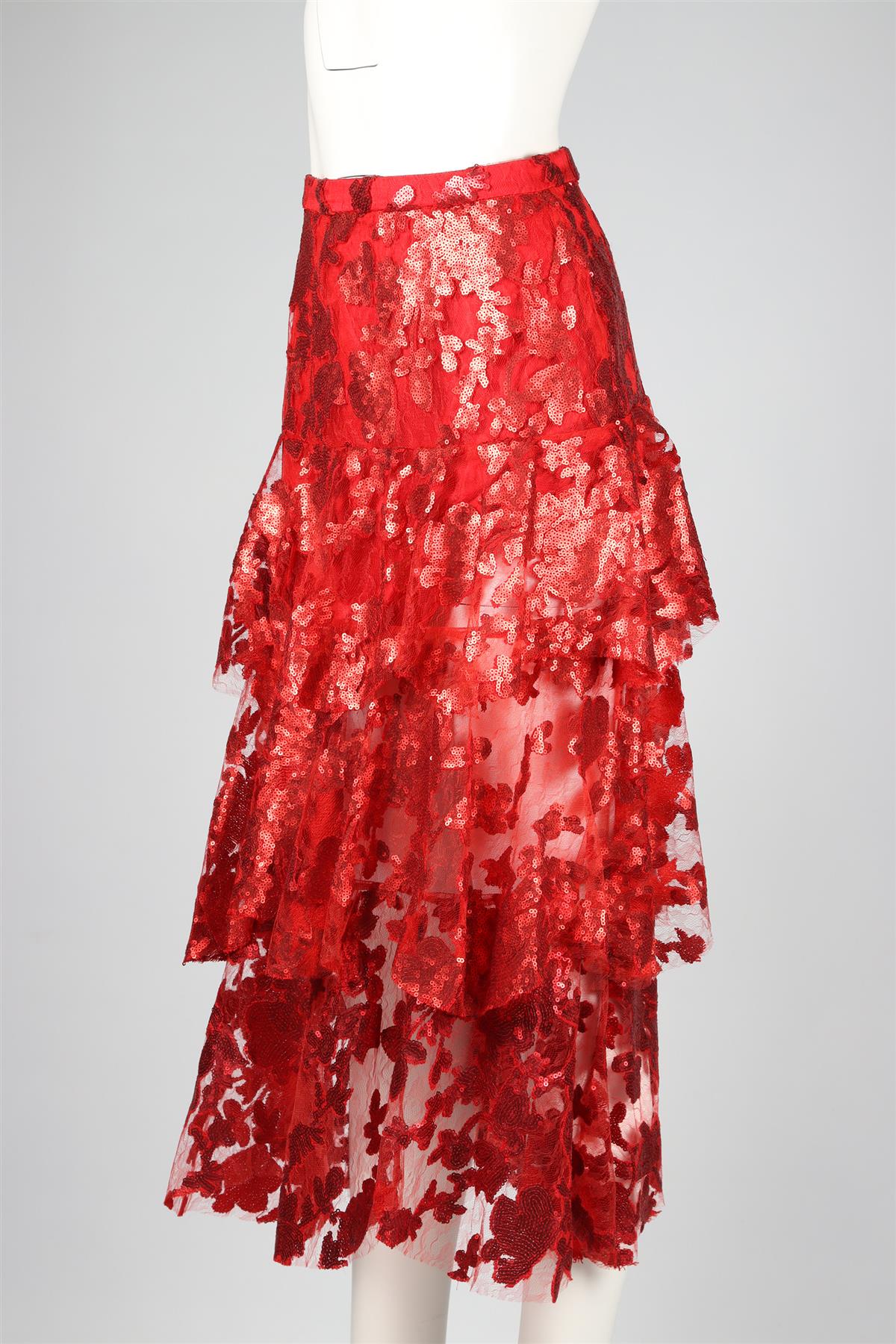 RODARTE RED SEQUIN AND LACE MIDI SKIRT US 6 UK 10 - Image 3