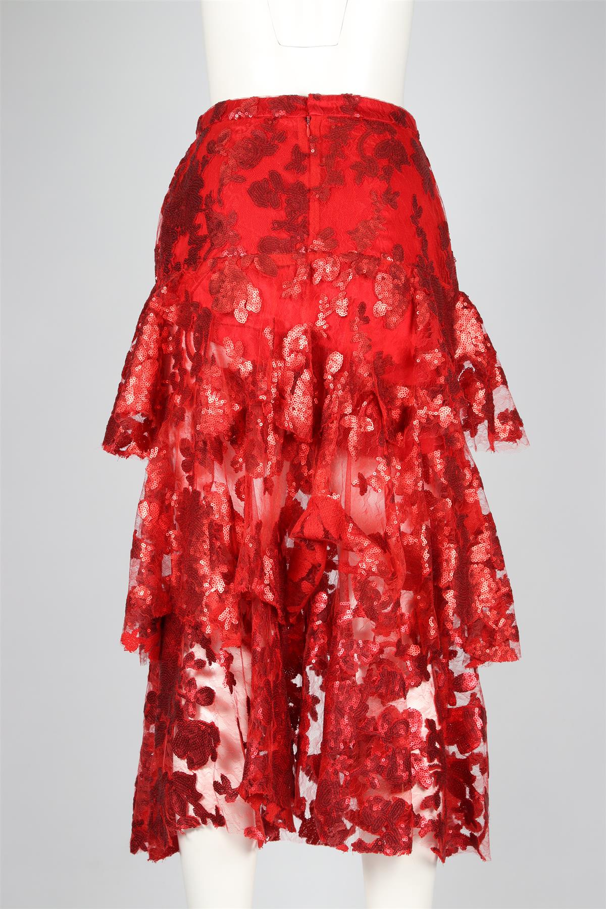 RODARTE RED SEQUIN AND LACE MIDI SKIRT US 6 UK 10 - Image 4