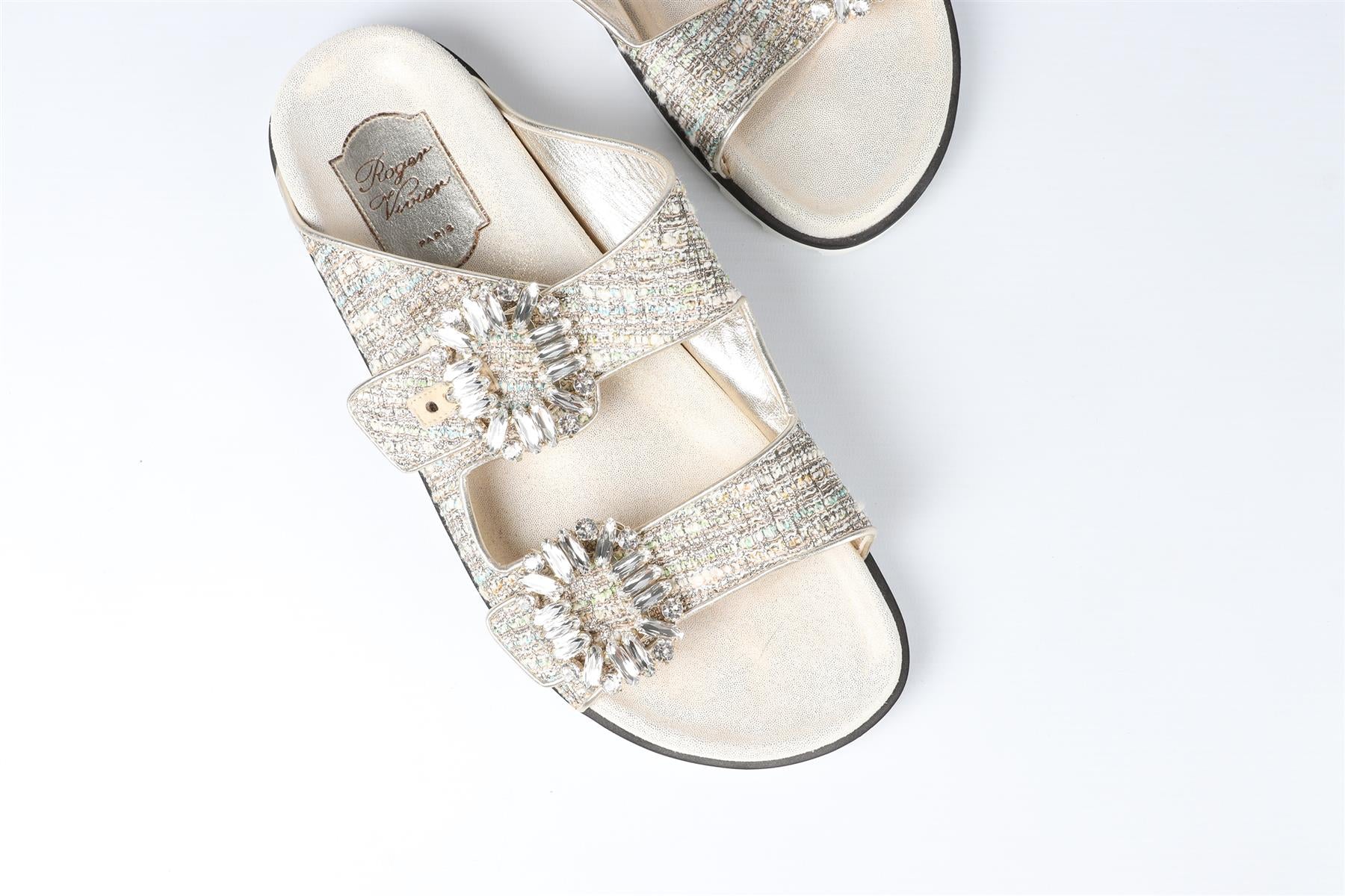 ROGER VIVIER GOLD CRYSTAL AND TWEED SANDALS EU 40 UK 7 US 10 - Image 4