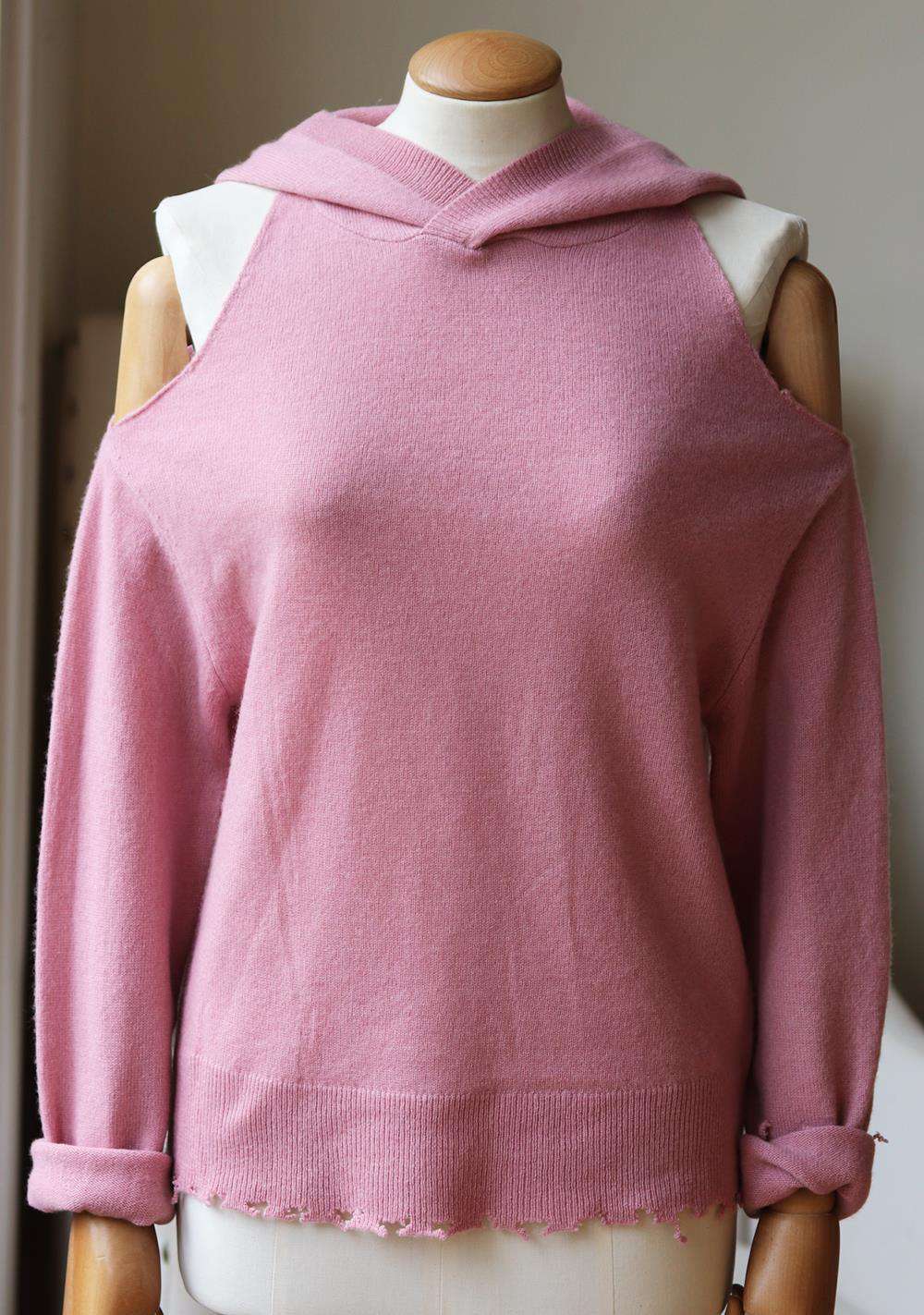 RTA JUNO COLD SHOULDER DISTRESSED CASHMERE HOODIE XSMALL - Image 2
