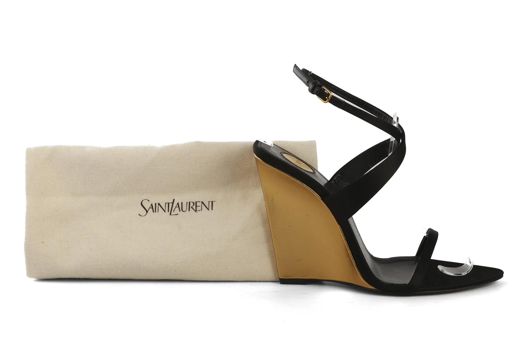 SAINT LAURENT BLACK SATIN SALOME WEDGE SANDALS EU 38.5 UK 5.5 US 8.5 - Image 7
